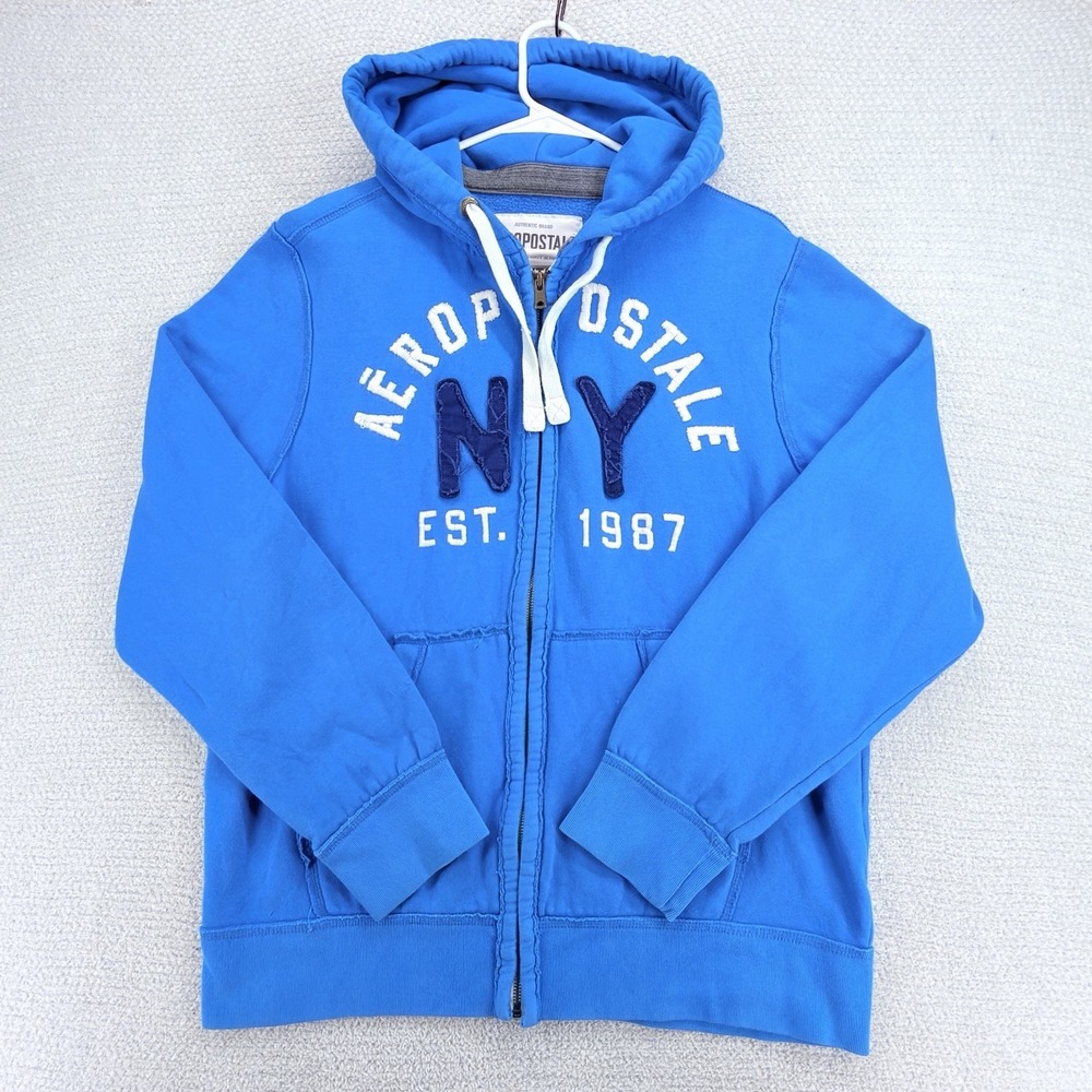 Y2K Aeropostale 1987 Hoodie Mens XL Blue Full Zip NY Embroidered Fleece Preppy